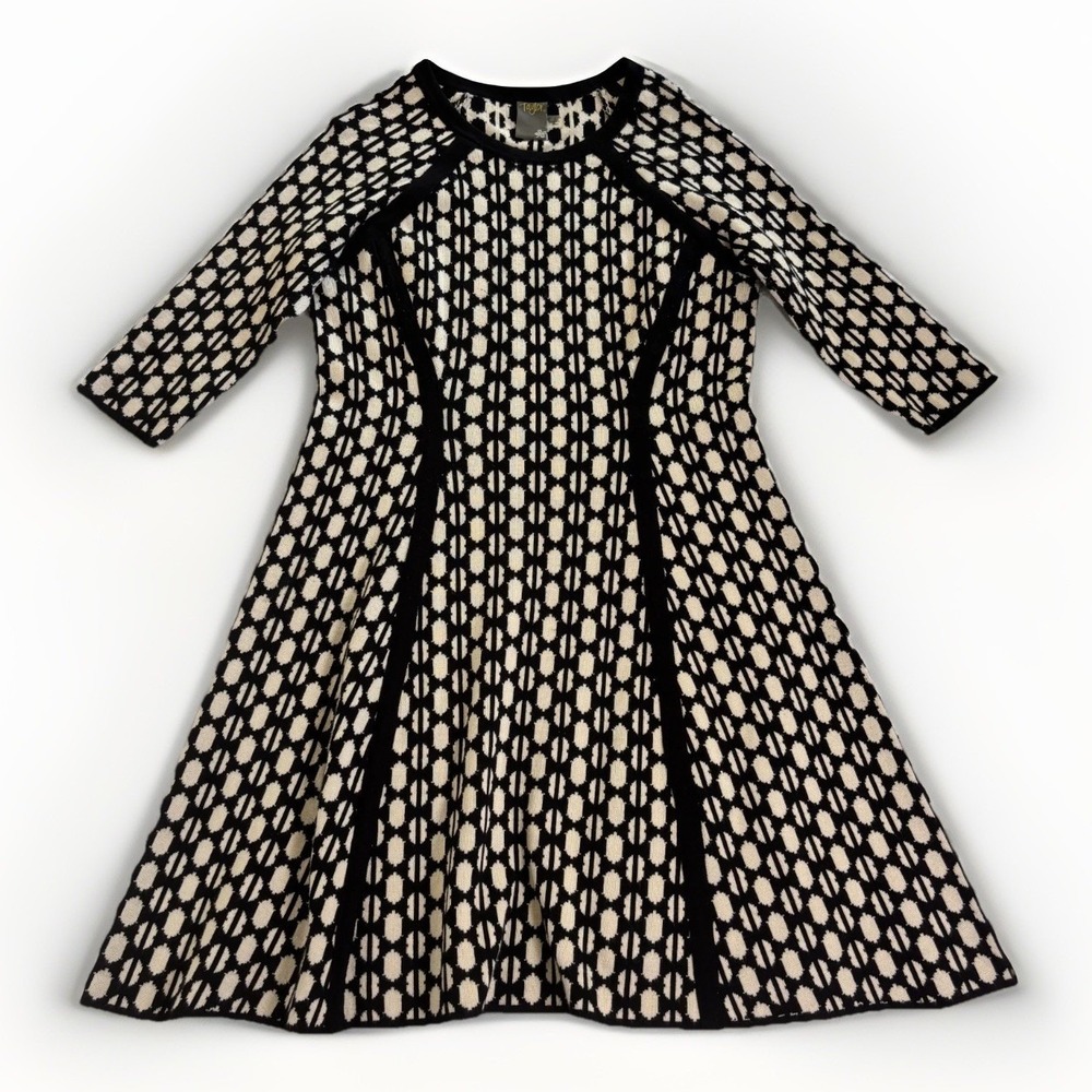 Taylor‎ Sweater Dress Women Large Black Cream Geometric Mod Fit Flare 3/4 Sleeve